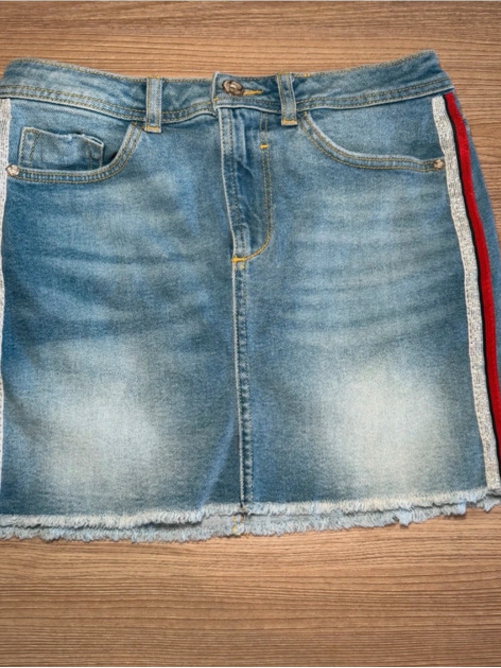 Blue Denim Mini Skirt with Red Stripe Detail- vintage Zara